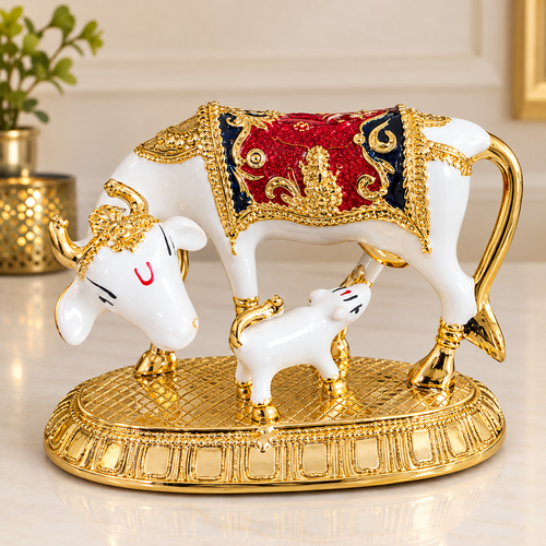 Divine Kamdhenu cow and calf marble polyresin figurine in ivory white, red, navy and gold