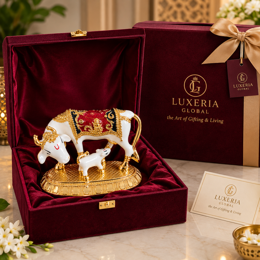 Kamdhenu cow and calf figurine presented in complimentary velvet gift box