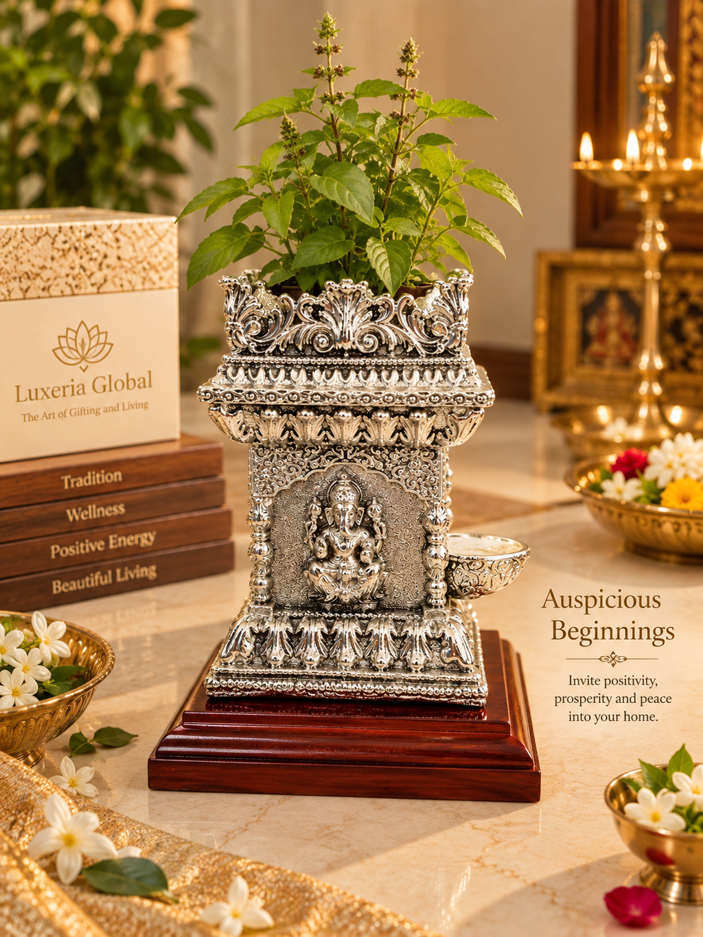 Divine Tulsi Ji planter shown with a Tulsi plant for representation