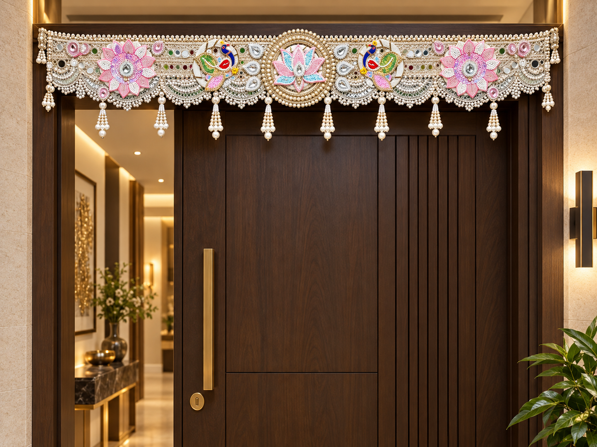 Handmade lotus and peacock toran displayed above a doorway