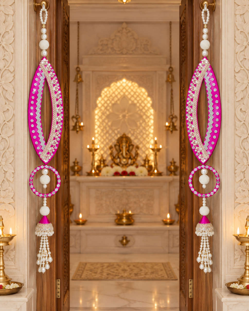 Handmade fish-eye latkans framing a mandir doorway