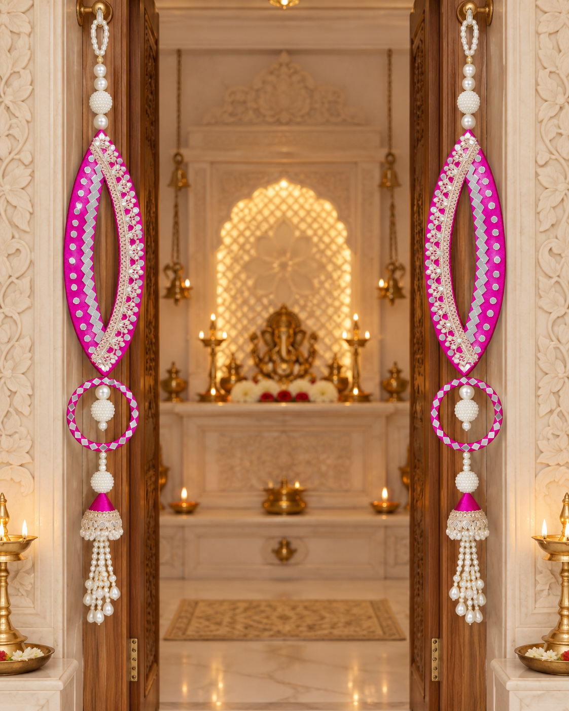 Handmade fish-eye latkans framing a mandir doorway