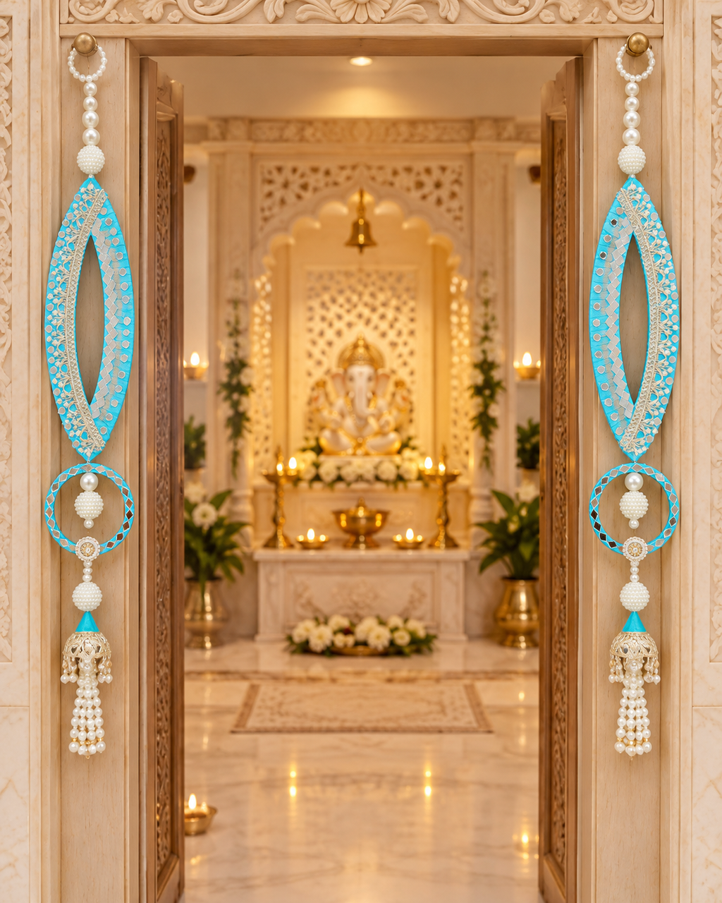 Handmade fish-eye latkans framing a mandir doorway