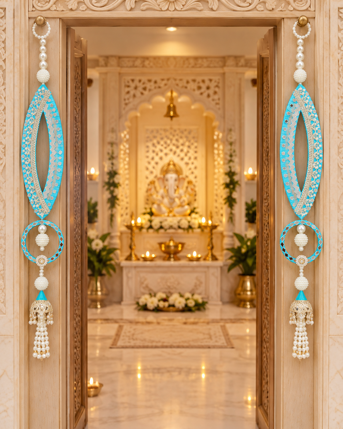 Handmade fish-eye latkans framing a mandir doorway