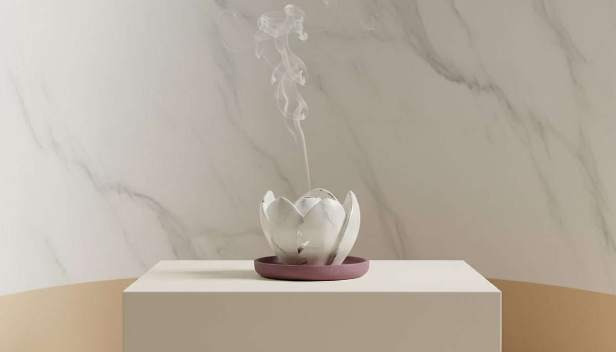 White lotus-shaped incense holder with rising smoke on a pedestal