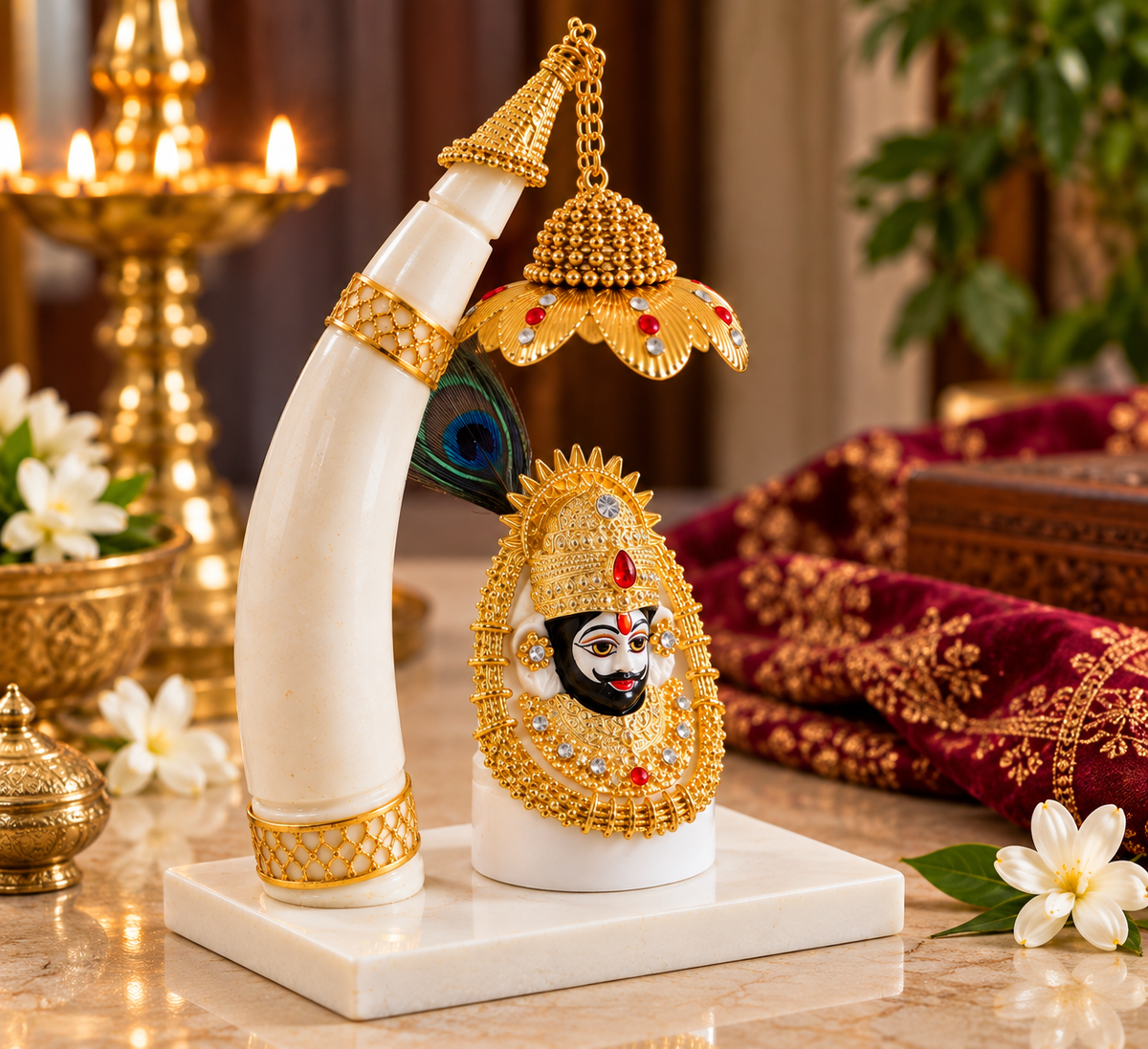 Divine Khatu Shyam Ji marble polyresin idol — angled view