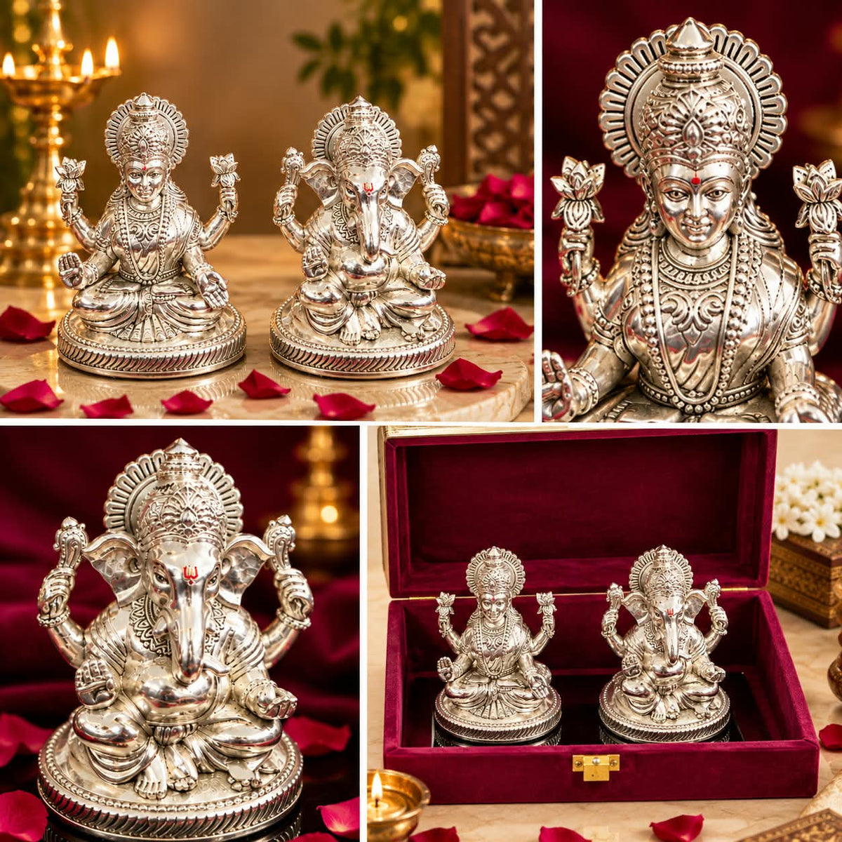 Detailed views of Laxmi Ganesh silver-coated idol set and velvet gift box