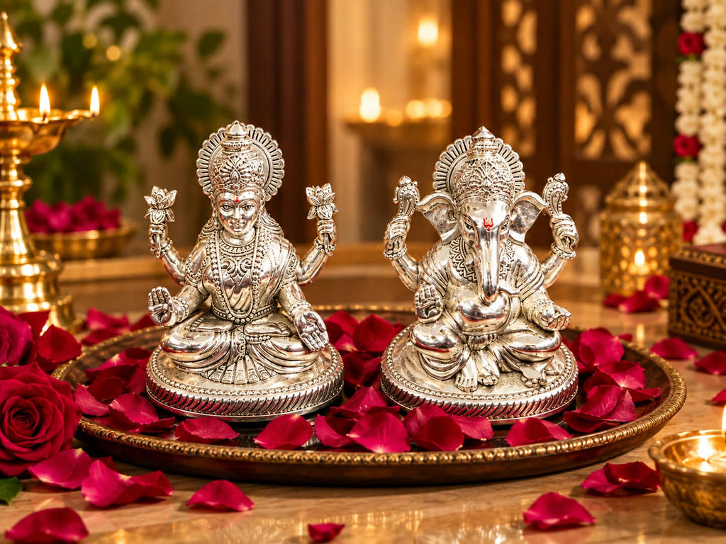 Silver-coated Laxmi Ganesh idols displayed with rose petals and diyas