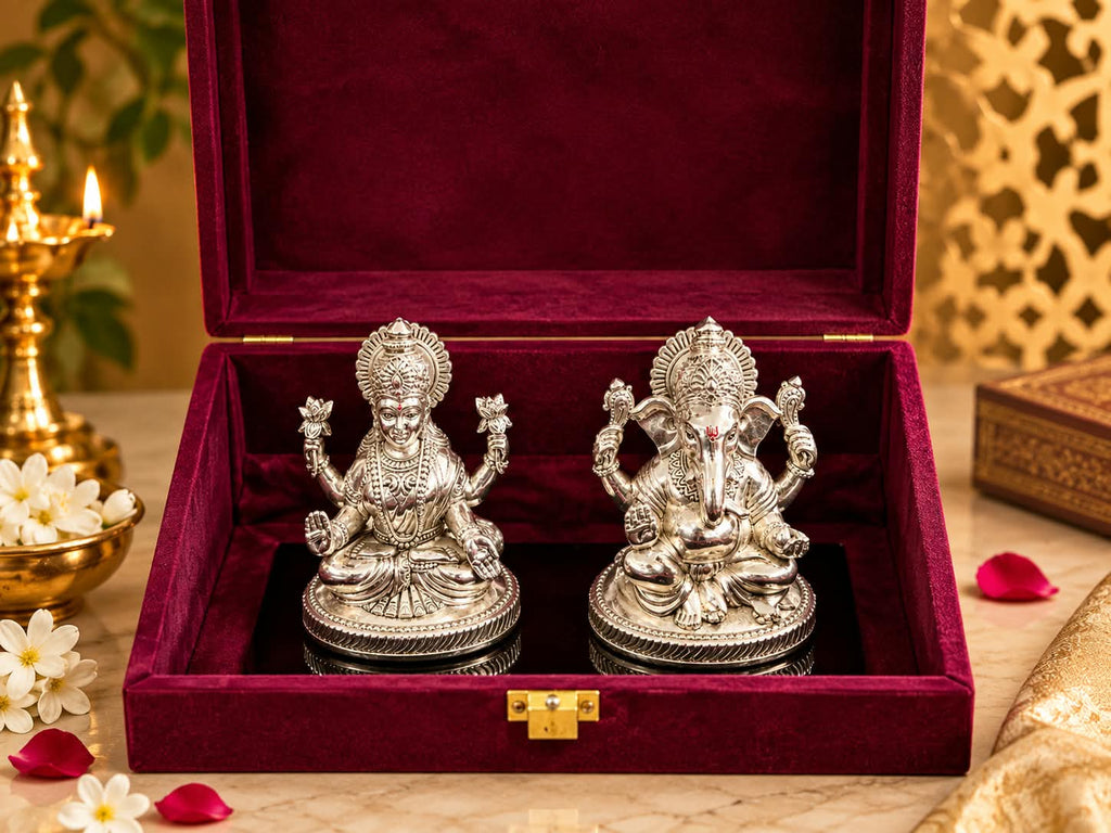 Laxmi Ganesh idol set presented in premium velvet-lined wooden gift box