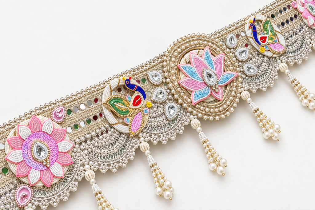 Close-up of lotus, peacock, reflective accents and pearl-like bead tassels on handmade toran