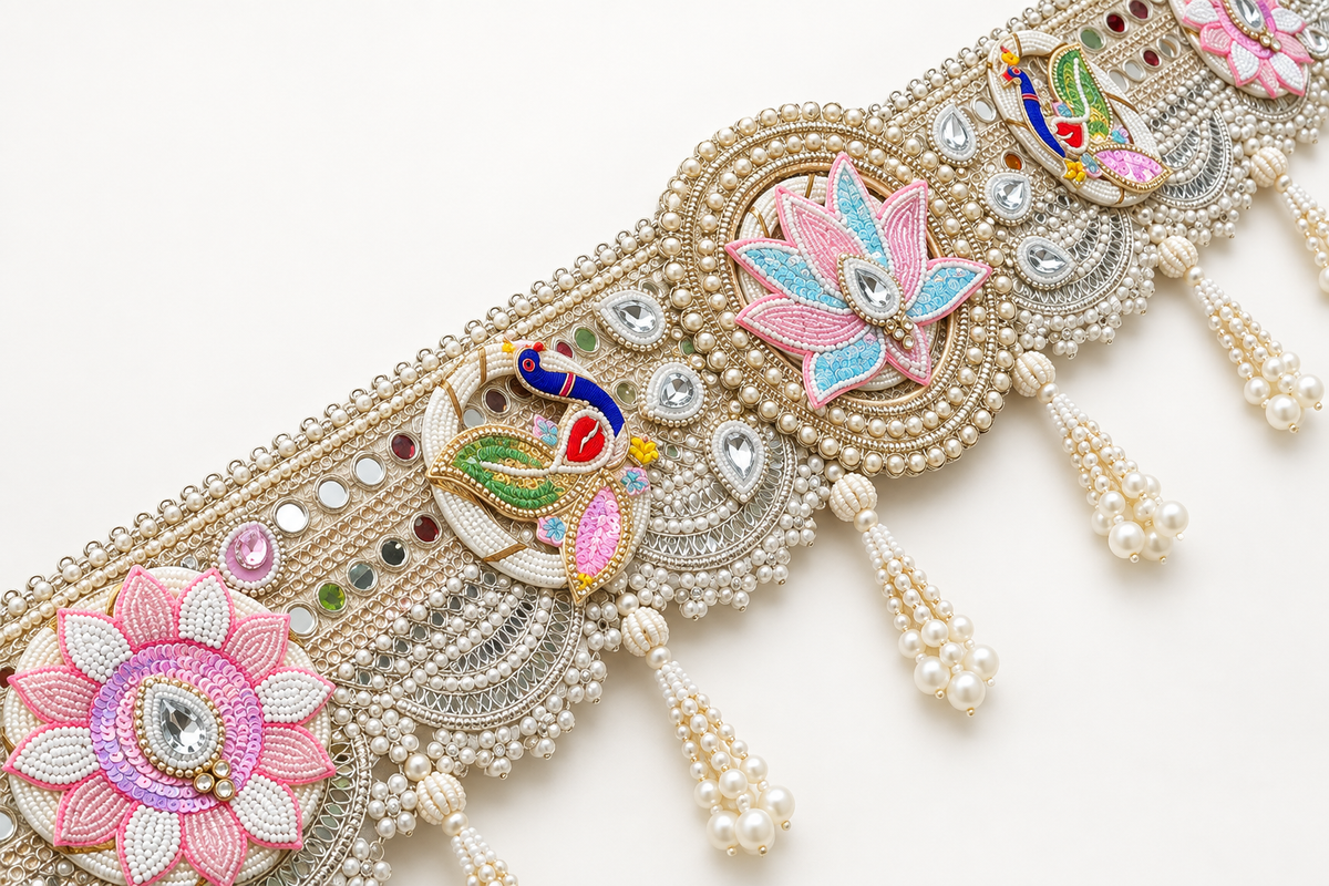 Close-up of lotus, peacock, reflective accents and pearl-like bead tassels on handmade toran