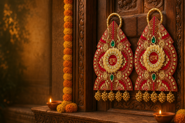 Shubh-Labh hangings at a traditional festive doorway