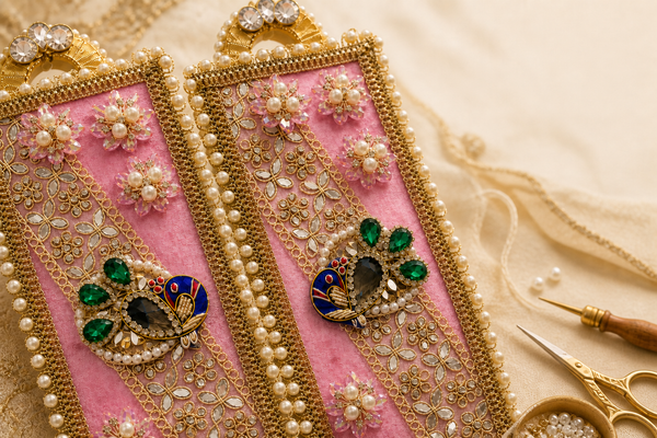 Detailed pearl, embroidery and peacock craftsmanship