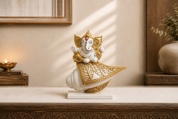 White and gold Ganesha seated on a shankh in a serene contemporary interior