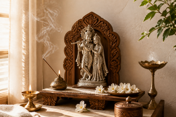 A serene sacred space at home styled with devotional décor, diya and flowers