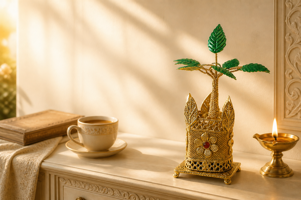 Morning ritual with golden Tulsi décor, tea and diya