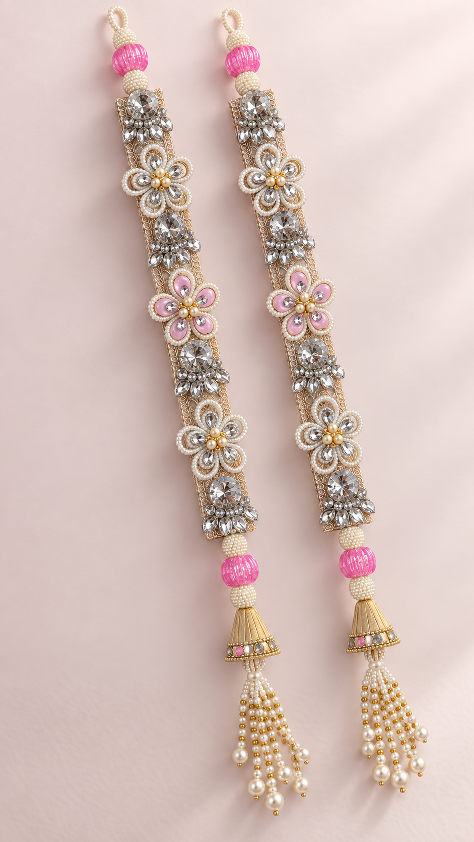 Handmade pink crystal latkan pair — right angle