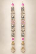 Handmade pink crystal latkan pair with pearl flowers and gold tassels — front view
