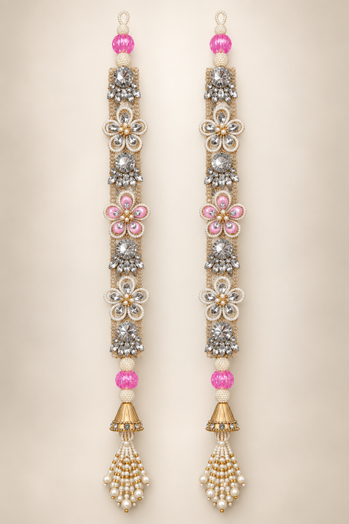 Handmade pink crystal latkan pair with pearl flowers and gold tassels — front view