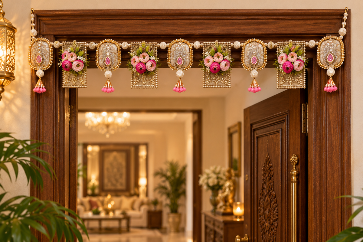 Handmade floral toran with pink flowers, gold-tone panels and pearl-like beads