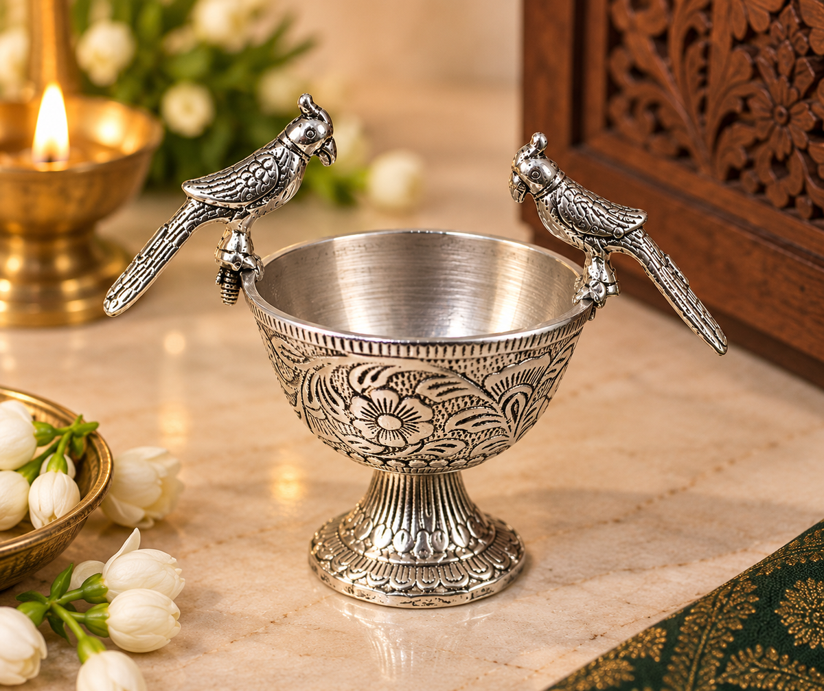 Metal Parrot Bowl — front view