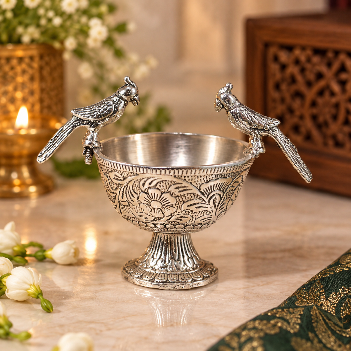 Metal Parrot Bowl — side view
