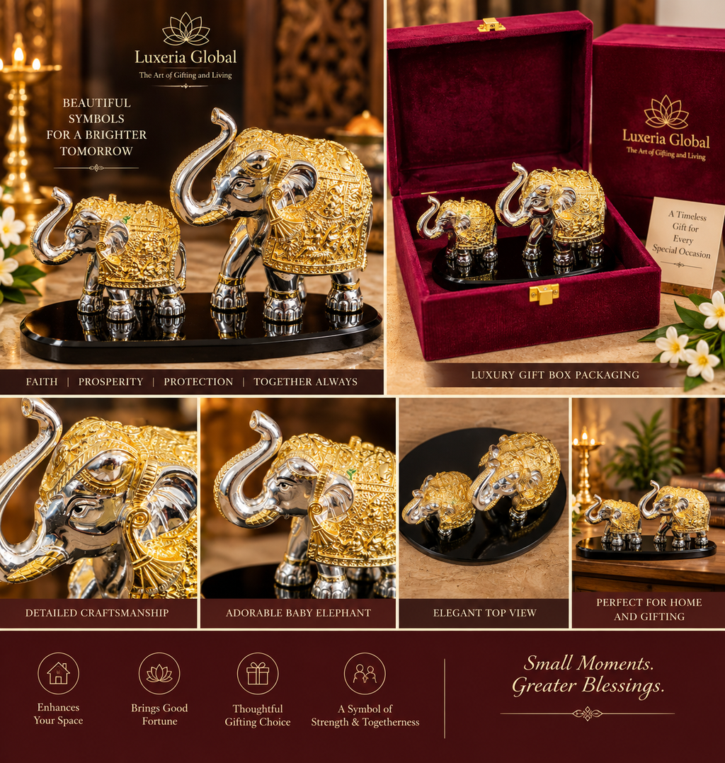 Mother and baby elephant gift set with close-up views and velvet box packaging