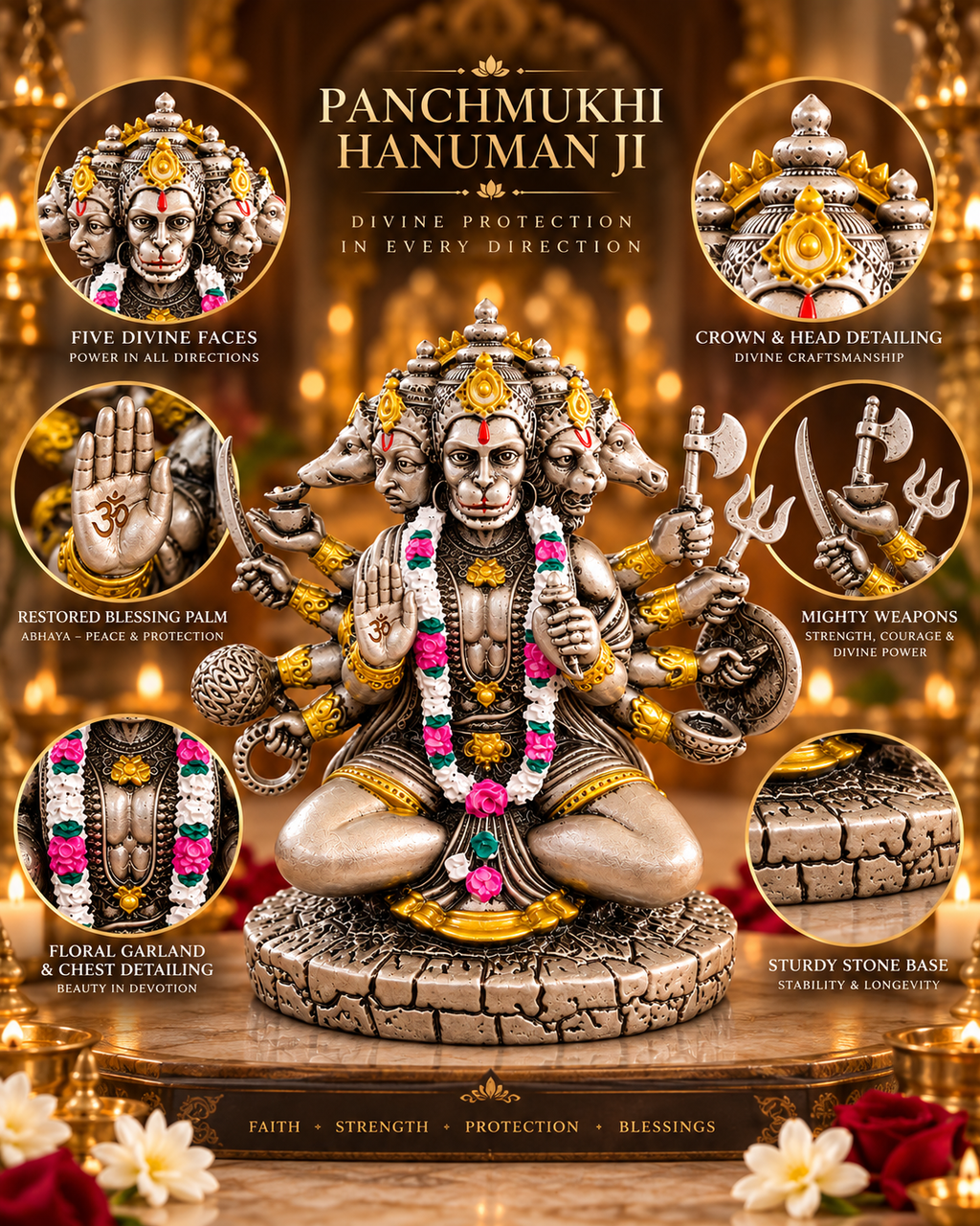 Panchmukhi Hanuman Ji idol showing five faces, sacred weapons and detailed craftsmanship