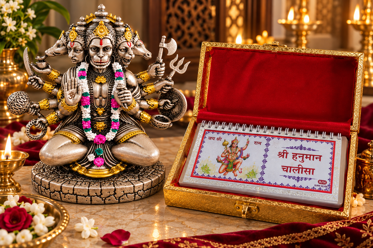 Panchmukhi Hanuman Ji idol with 999 silver-coated Hanuman Chalisa devotional gift set