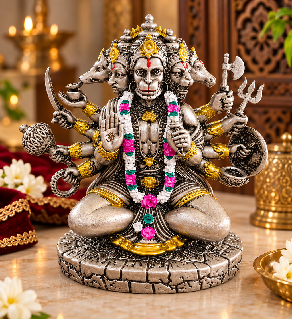 Handcrafted Panchmukhi Hanuman Ji marble polyresin idol in antique silver and gold