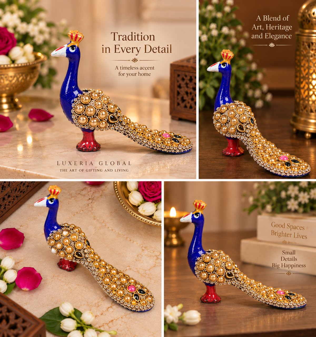 Handcrafted Metal Pearl Studded Long Peacock — collage view