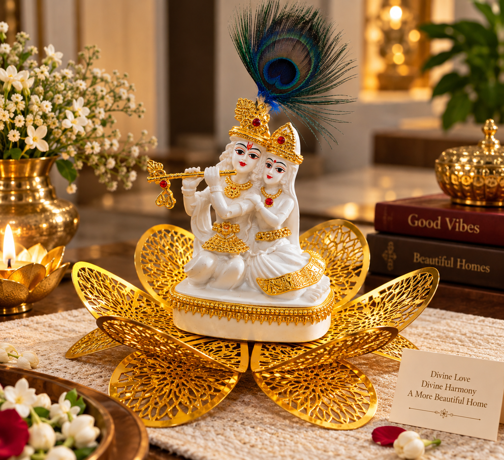 Radha Krishna marble polyresin décor with peacock feather and layered gold-tone lotus