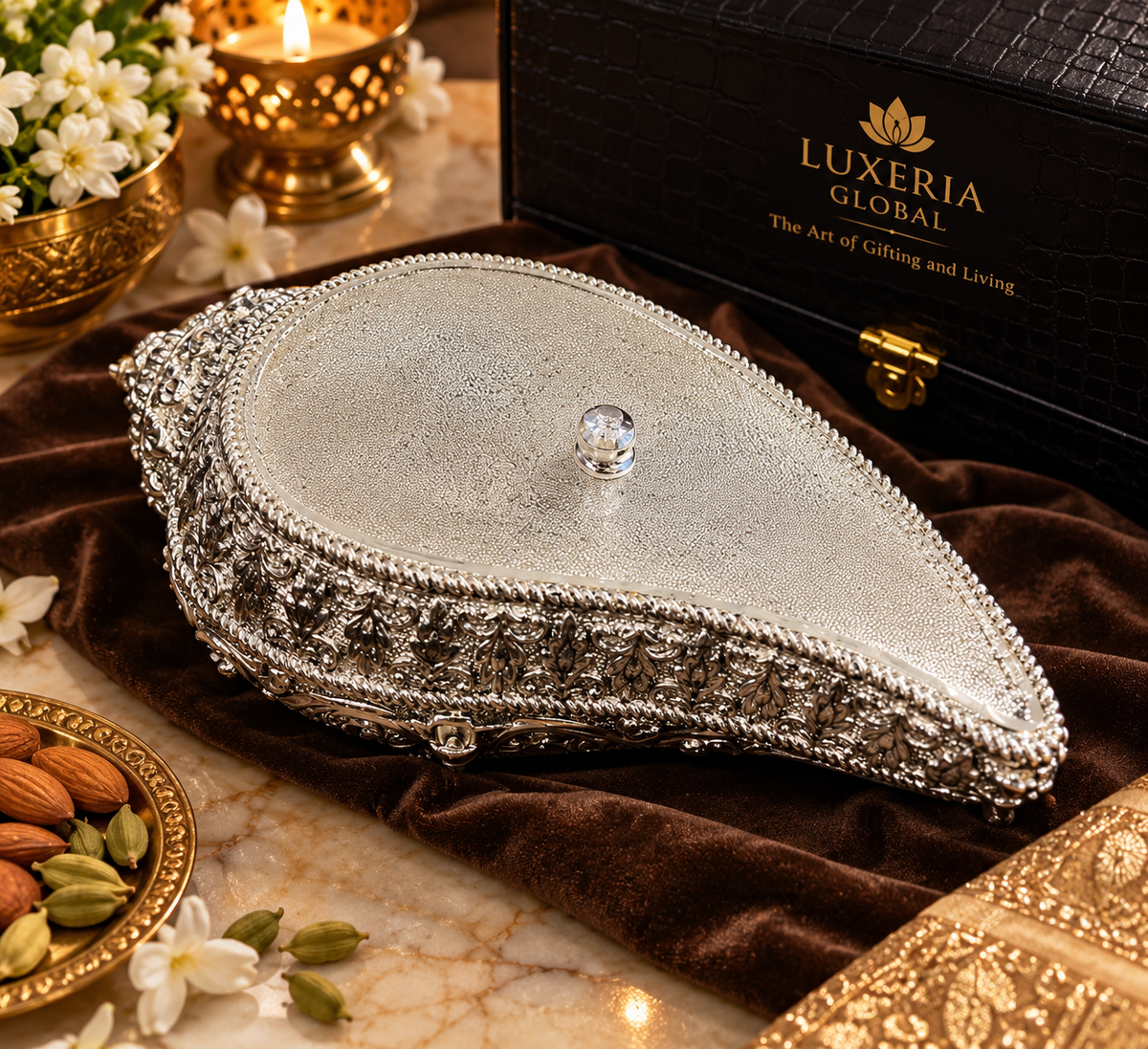 Shankh-shaped tray with silver-polished lid and leatherite gift box