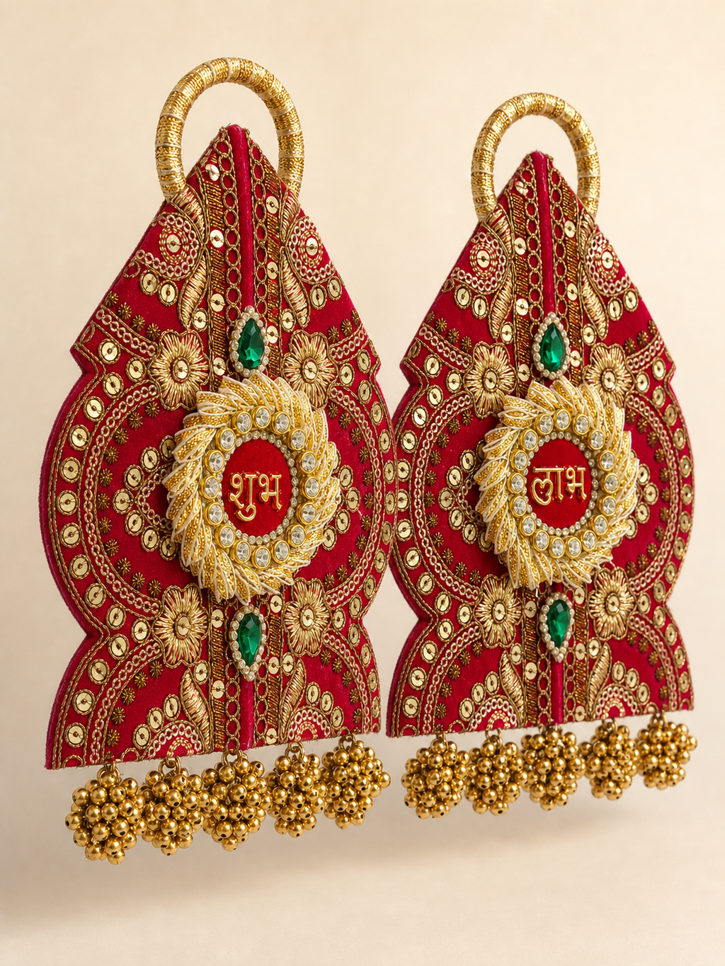 Red and gold Shubh Labh hanging pair with bead fringe