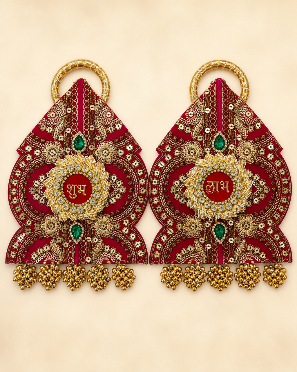 Shubh Labh red and gold festive door hanging pair – front view