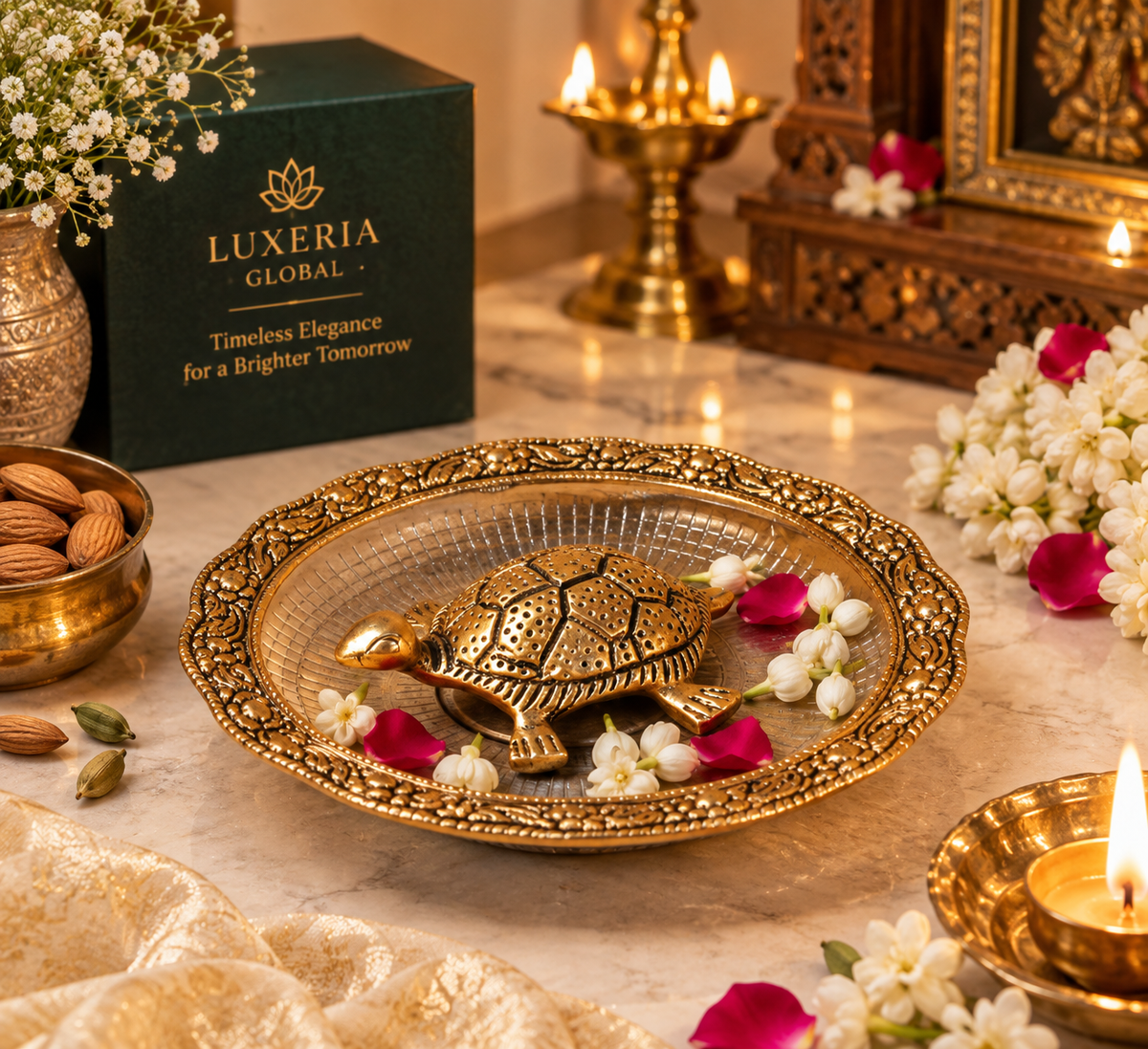 Golden metal tortoise with ornate decorative plate