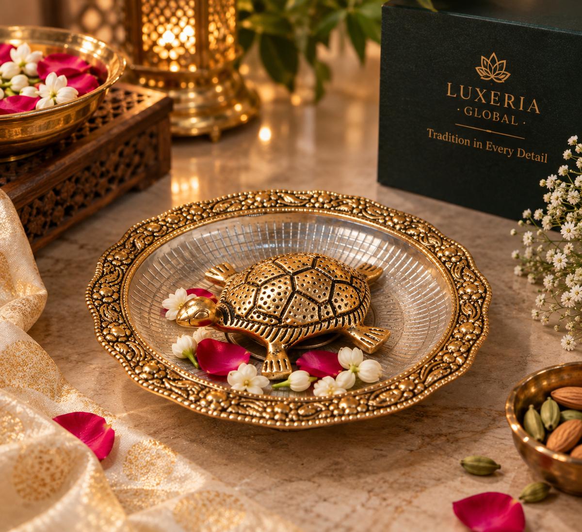 Golden metal tortoise with ornate decorative plate