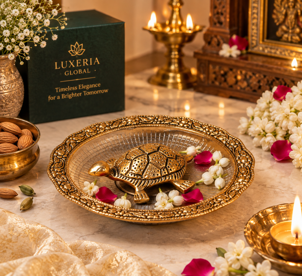 Golden metal tortoise with ornate decorative plate