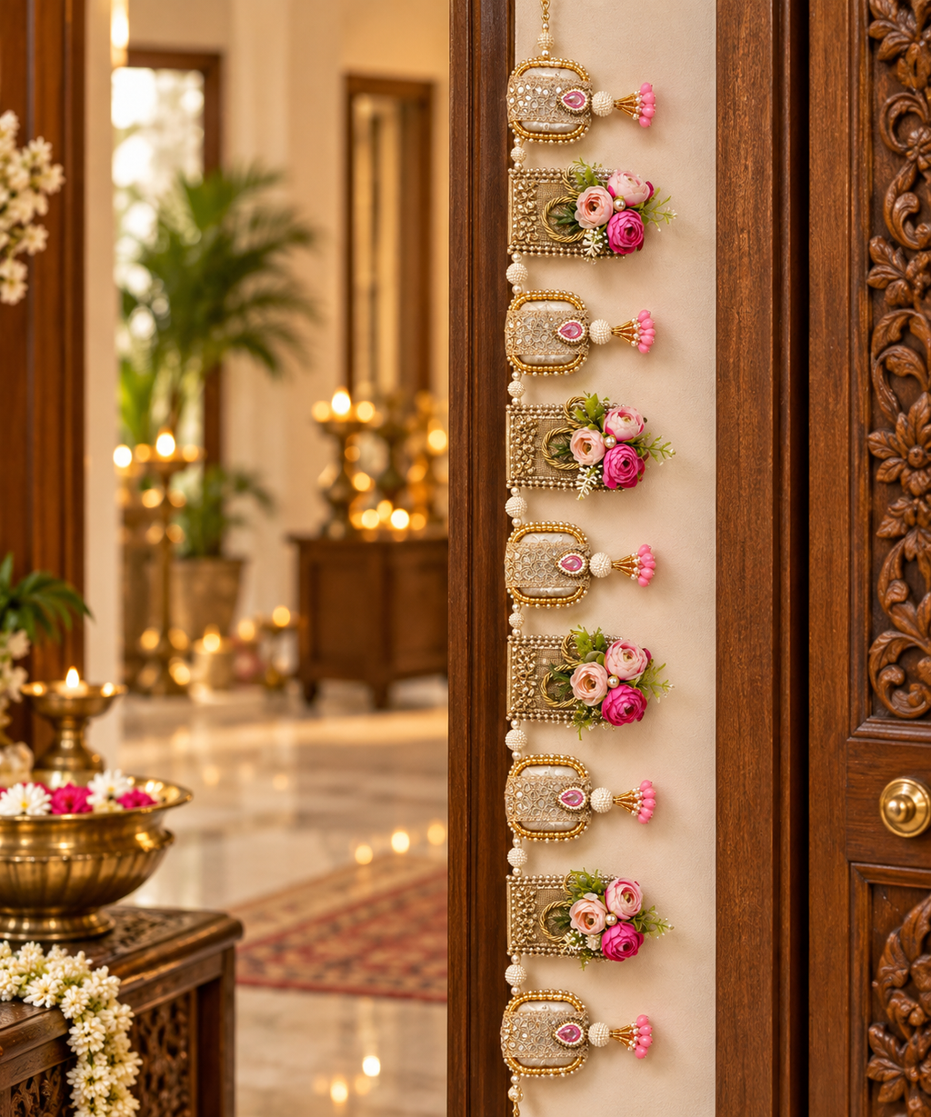 Handmade floral toran with pink flowers, gold-tone panels and pearl-like beads
