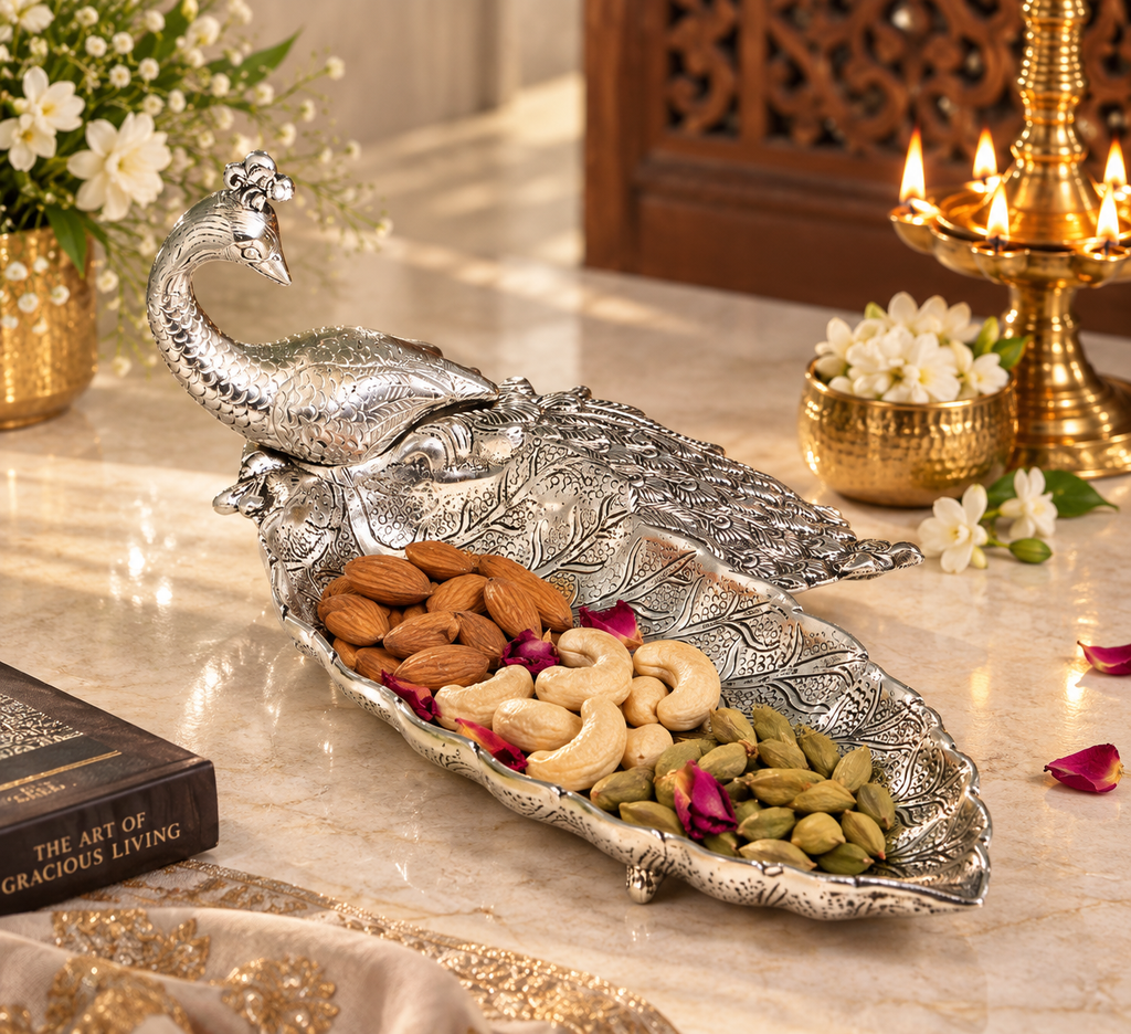Antique silver-tone aluminium peacock plate — use case 1