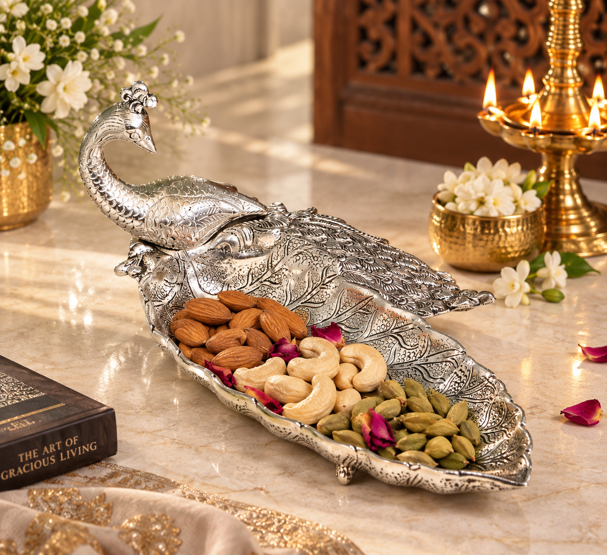 Antique silver-tone aluminium peacock plate — use case 1