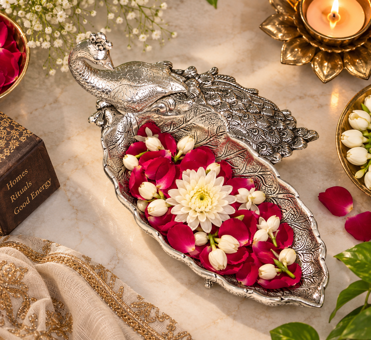 Antique silver-tone aluminium peacock plate — use case 2